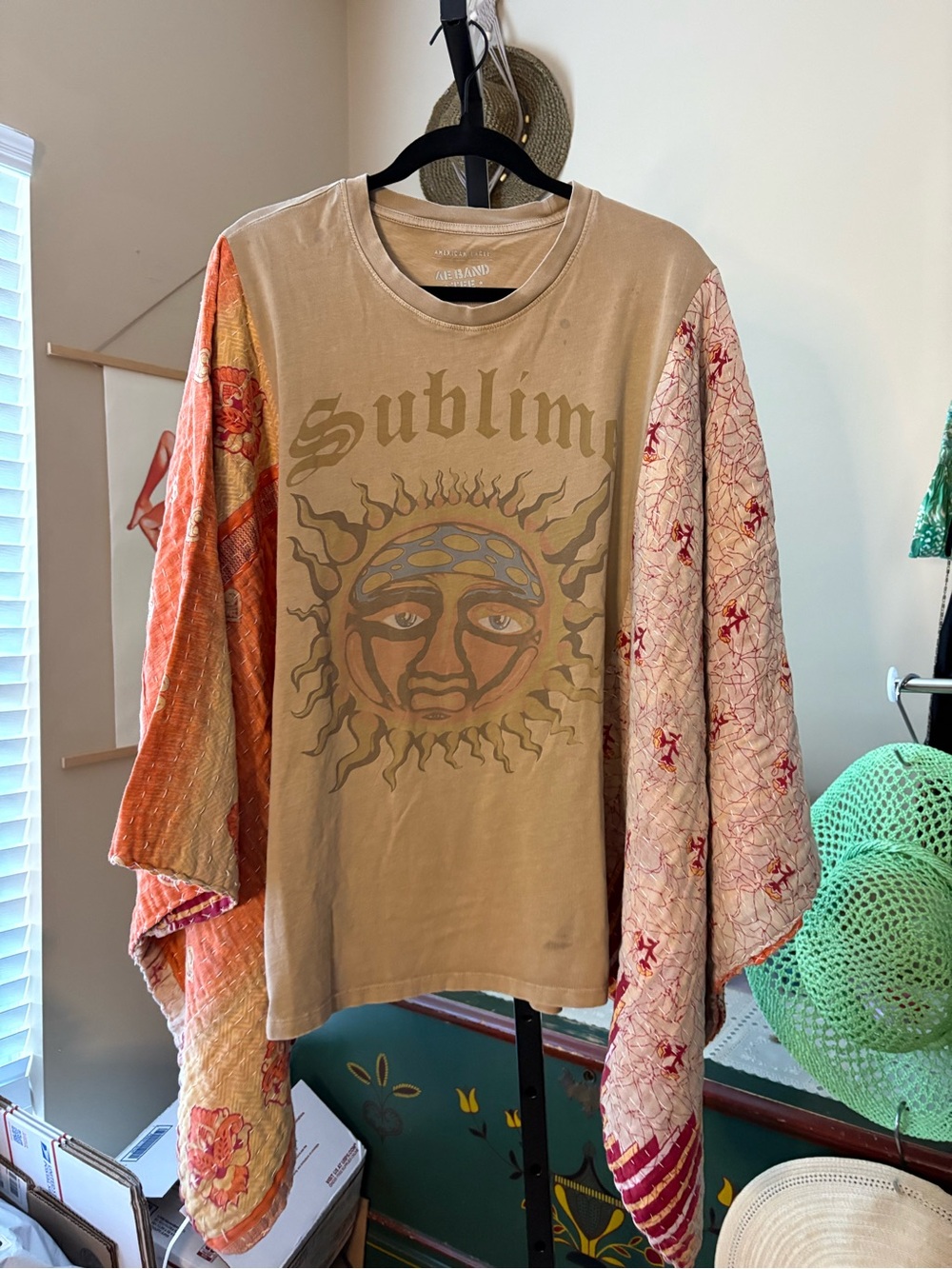 Custom- Upcycled- Sublime Graphic Tee with Kantha Patchwork  Sleeves.